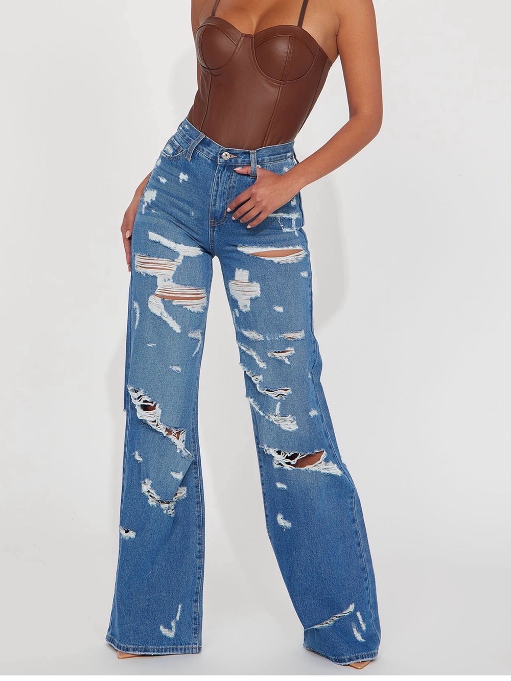 Distressed High-Rise Wide-Leg Jeans - Blue